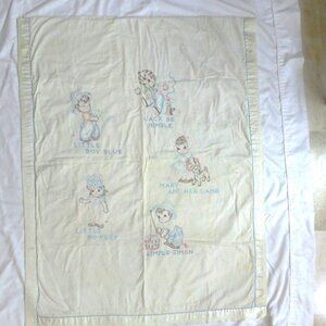 Antique Baby Blanket Wall Hanging Hand Embroidered with Nursery Rhyme Characters